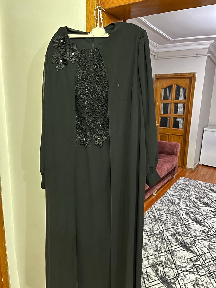 Siyah Uzun Kollu Drapeli Uzun Elbise - Görsel 2