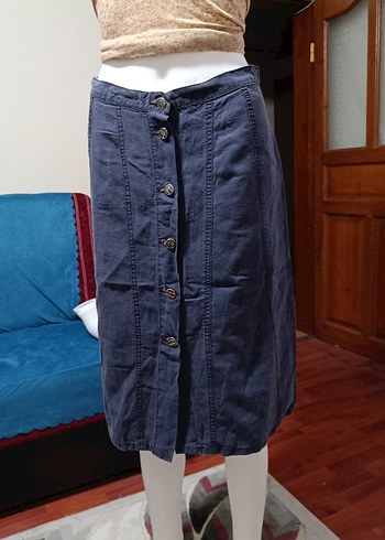 Düğmeli Lacivert Midi Denim Etek