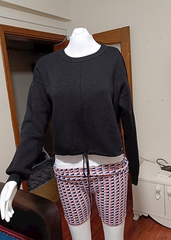 Siyah Oversize Kısa Kadın Triko Sweatshirt