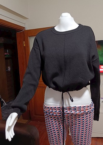 l Beden Siyah Oversize Kısa Kadın Triko Sweatshirt