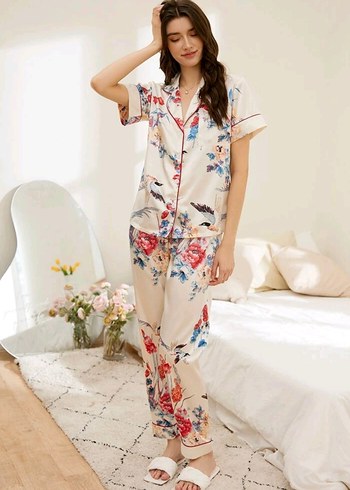 s Beden Shein Bohem Çiçek Desenli Uzun Kadın Pijama Takımı s beden