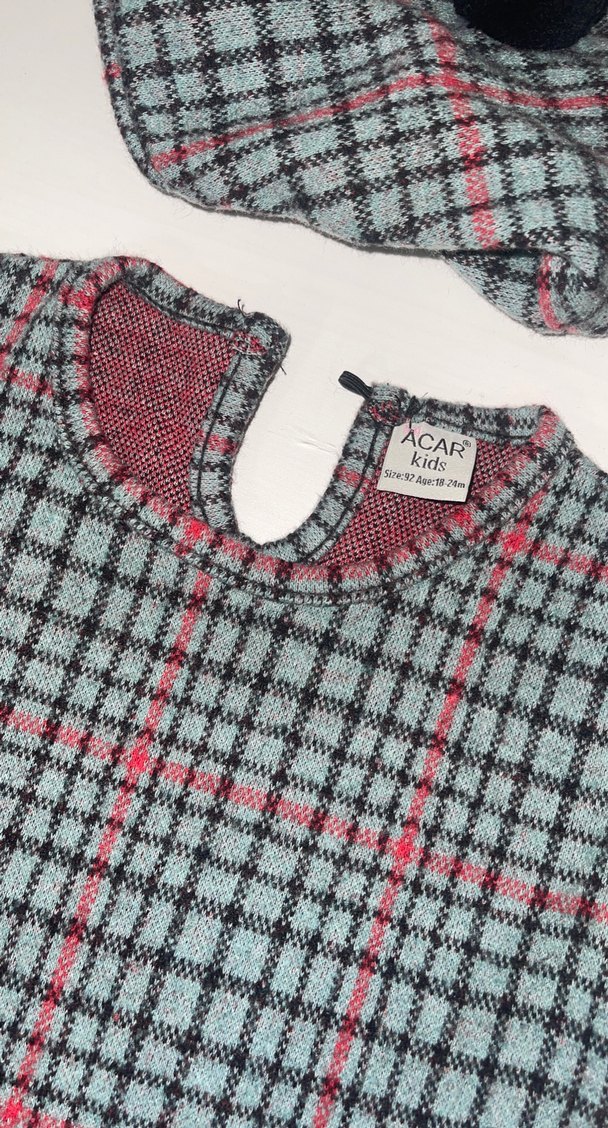 Kare Desenli Gri Uzun Kollu Kız Elbisesi - Görsel 3