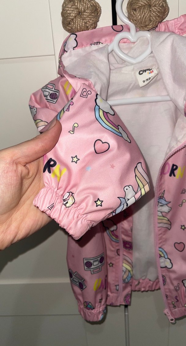 Kız Çocuk Kapüşonlu Pembe Baskılı Yağmurluk - Görsel 4