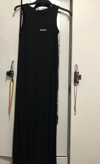 xs Beden siyah Renk Koton uzun yırtmaçlı elbise
