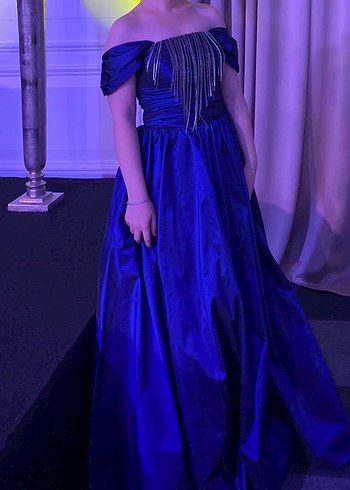 Straplez Lacivert Uzun Kenzel Abiye Elbise - Görsel 5