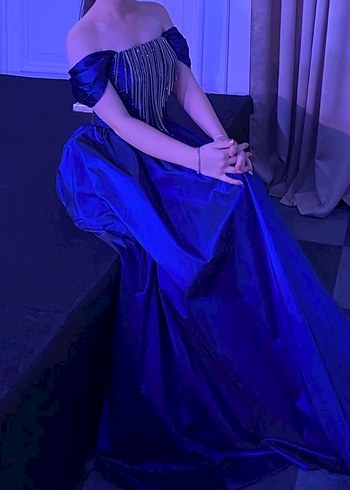 Straplez Lacivert Uzun Kenzel Abiye Elbise - Görsel 2