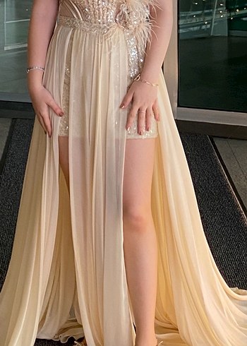 Bej Straplez Uzun Drapeli Alfabeta Parti Elbisesi - Görsel 5