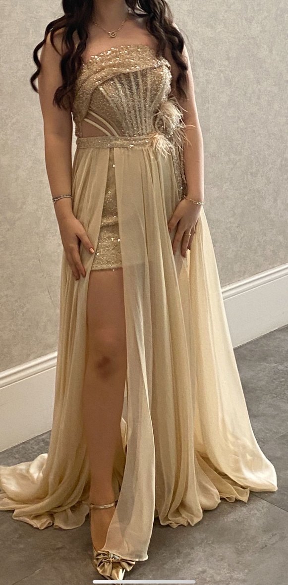 Bej Straplez Uzun Drapeli Alfabeta Parti Elbisesi - Görsel 4