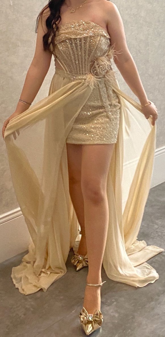 Bej Straplez Uzun Drapeli Alfabeta Parti Elbisesi - Görsel 3