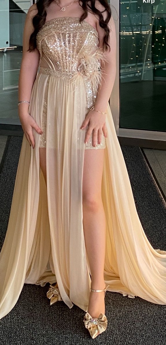 Bej Straplez Uzun Drapeli Alfabeta Parti Elbisesi - Görsel 5