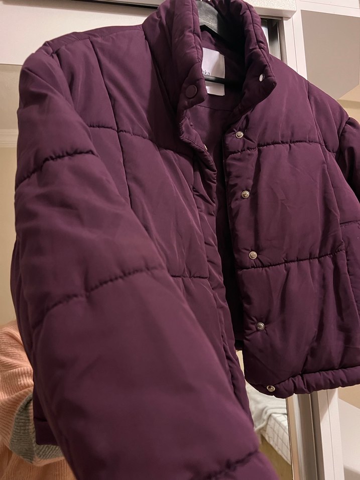 Mor Düğmeli Kadın Kışlık Mont - Görsel 3