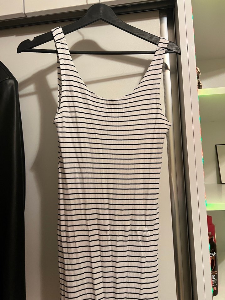 Gri Çizgili Midi Kadın Elbise - Görsel 2