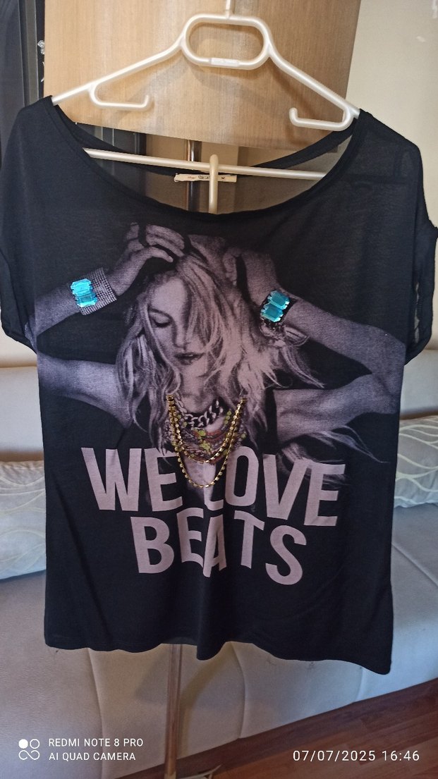 Zincir Detaylı Baskılı Siyah Punk Tişört - Görsel 2