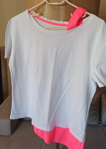 Beyaz Pembe düşük omuz tişört - Görsel 3