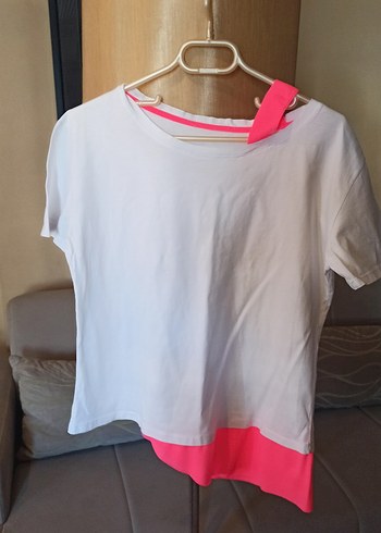 Beyaz Pembe düşük omuz tişört - Görsel 4