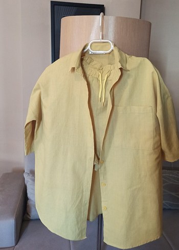 Düğmeli Keten Gömlek şort takımı - Görsel 5