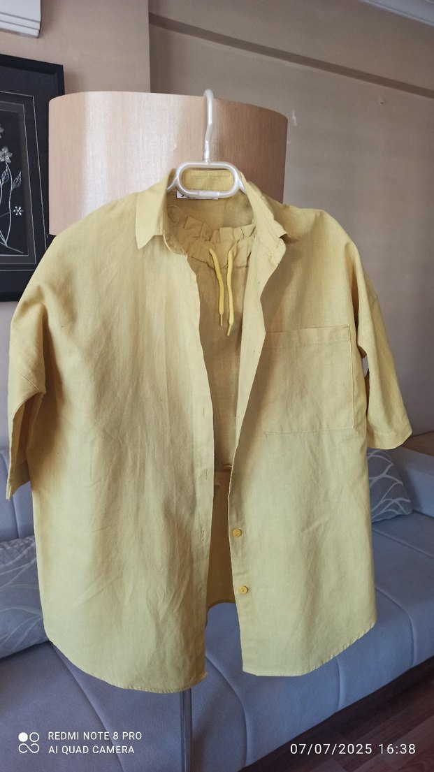 Düğmeli Keten Gömlek şort takımı - Görsel 3