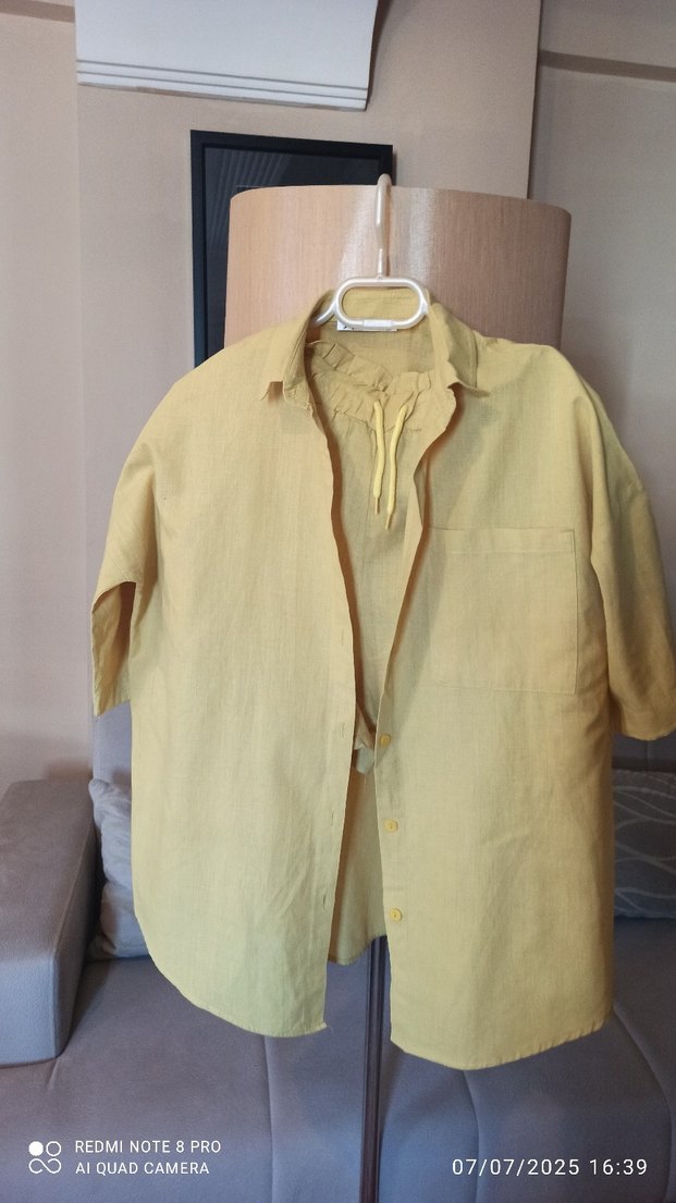 Düğmeli Keten Gömlek şort takımı - Görsel 5