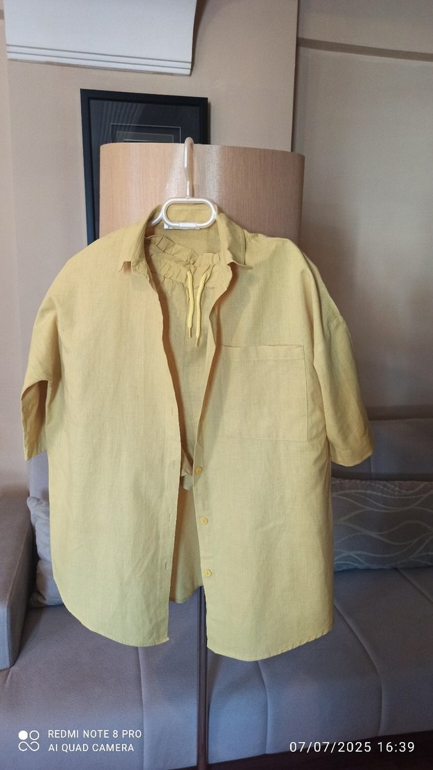 Düğmeli Keten Gömlek şort takımı - Görsel 4