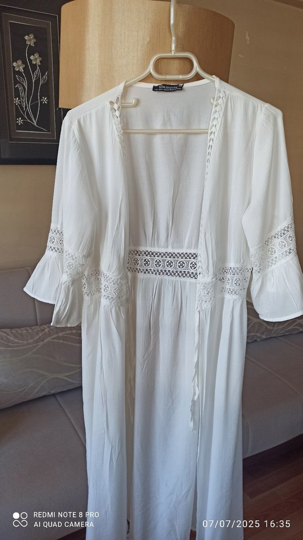 Uzun Beyaz Bohem Nakışlı kimono - Görsel 2