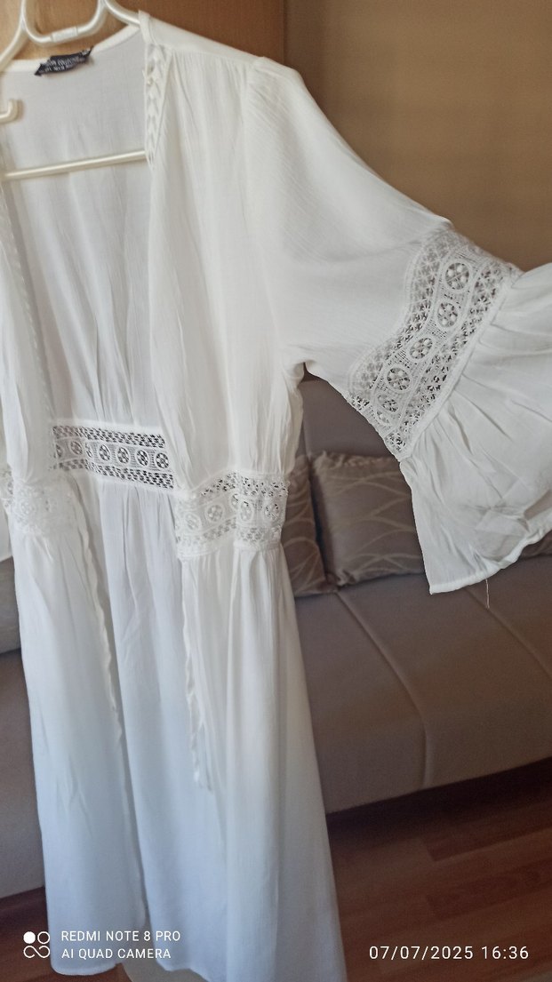 Uzun Beyaz Bohem Nakışlı kimono - Görsel 3