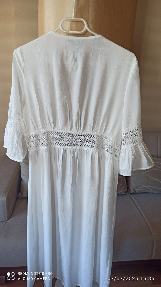 Uzun Beyaz Bohem Nakışlı kimono - Görsel 5