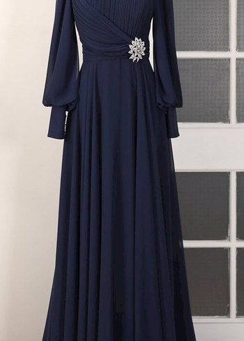 Drapeli Lacivert Uzun Abiye Elbise - Görsel 2