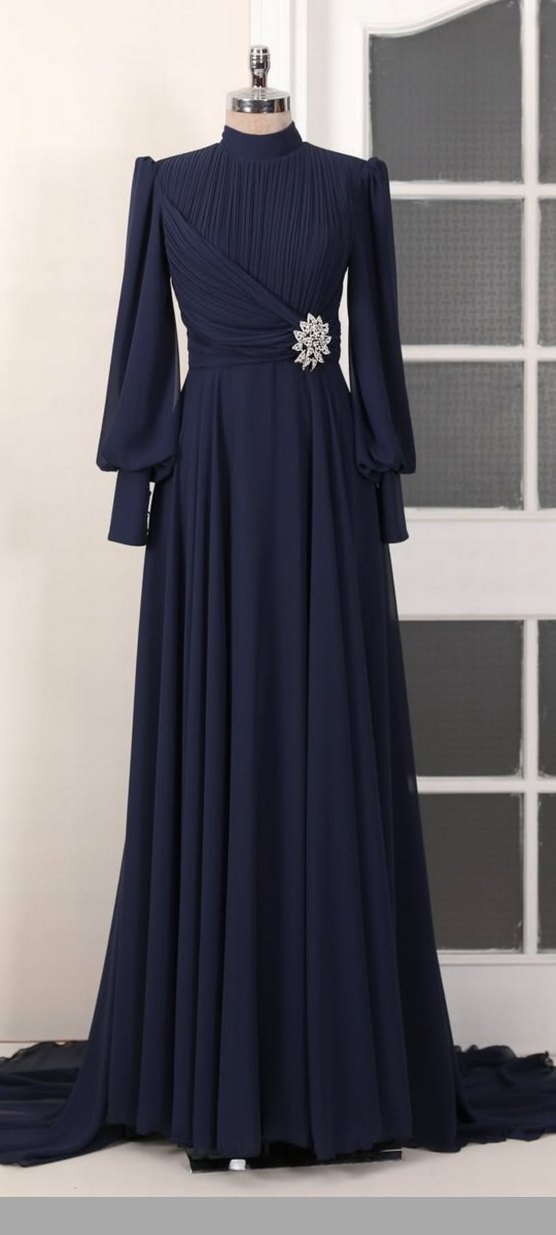 Drapeli Lacivert Uzun Abiye Elbise - Görsel 2