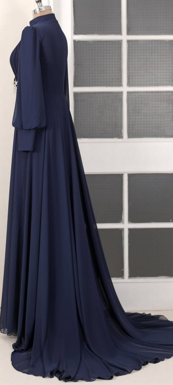 Drapeli Lacivert Uzun Abiye Elbise - Görsel 3