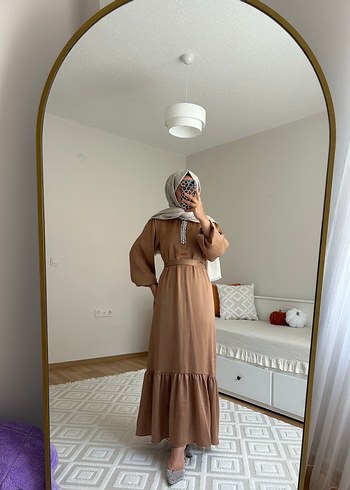 40 Beden camel Renk Camel Uzun Salaş Bohem Elbise
