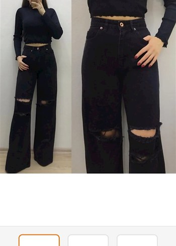 Siyah Yırtık Detaylı Geniş Paça Kadın Jean