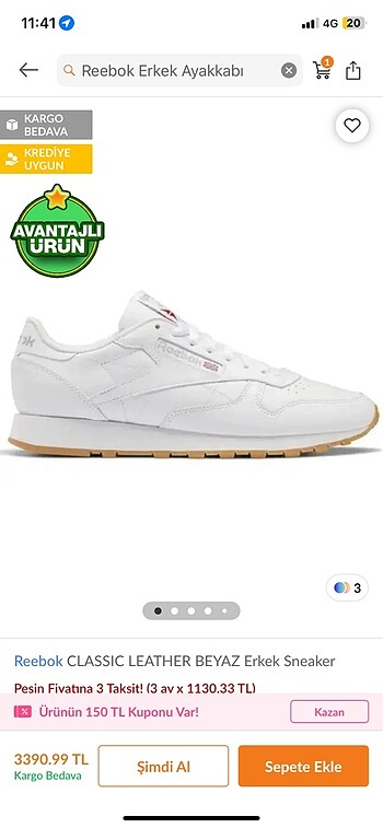 45 Beden beyaz Renk Reebok erkek sneaker
