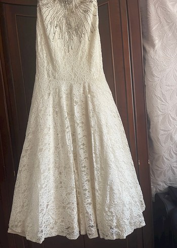 Dantelli Straplez Uzun Beyaz Nişan- nikah Elbisesi - Görsel 4