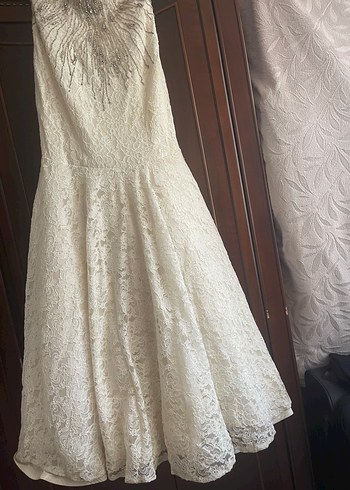 Dantelli Straplez Uzun Beyaz Nişan- nikah Elbisesi - Görsel 7