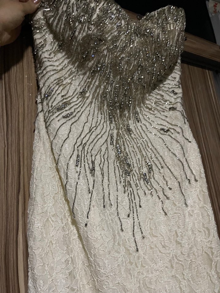 Dantelli Straplez Uzun Beyaz Nişan- nikah Elbisesi - Görsel 2