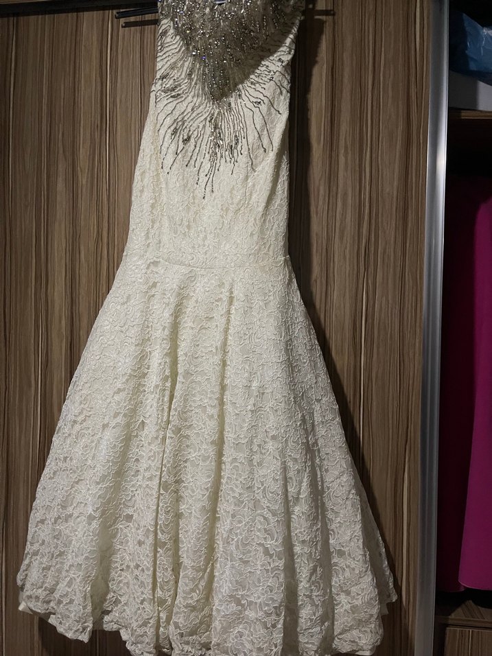 Dantelli Straplez Uzun Beyaz Nişan- nikah Elbisesi - Görsel 3