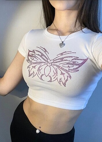 Diğer beyaz butterfly rhınestone crop top