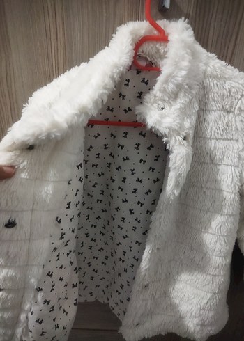 Beyaz Kadın Kürk Detaylı Midi Mont - Görsel 2