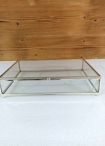 Tasarımcı 30x20 cm gümüş renk kapaklı cam kutu 