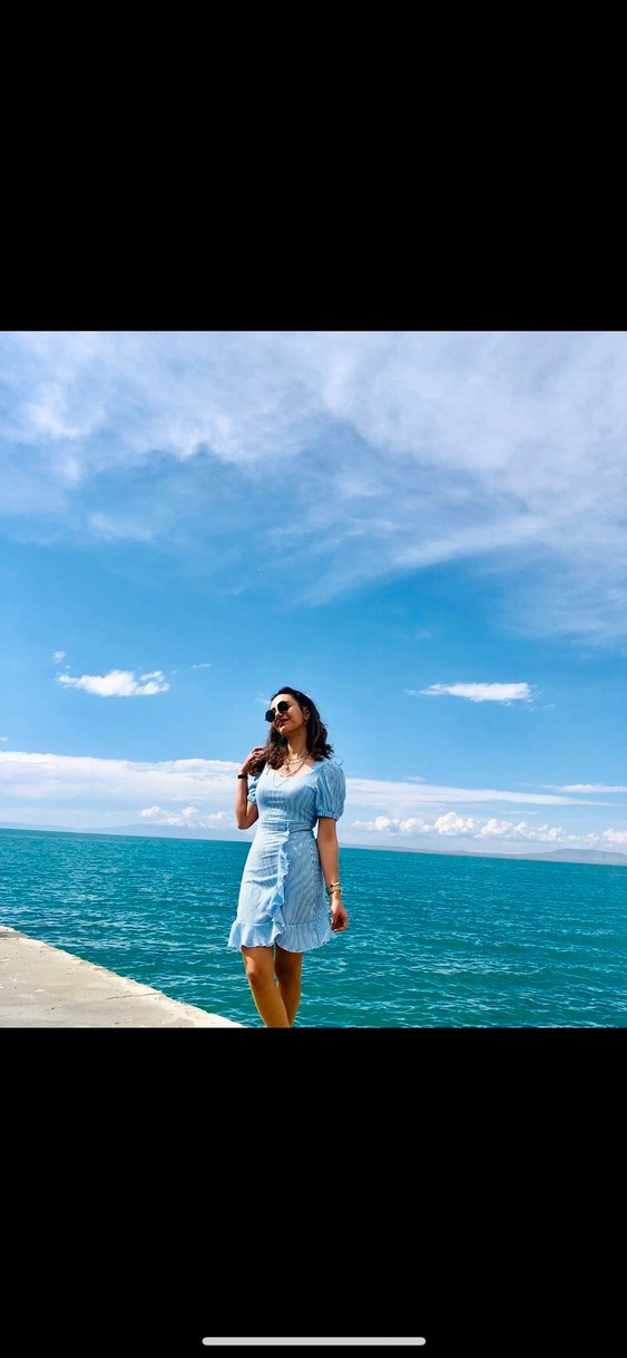 Mavi Çizgili Fırfırlı Mini Elbise - Görsel 2