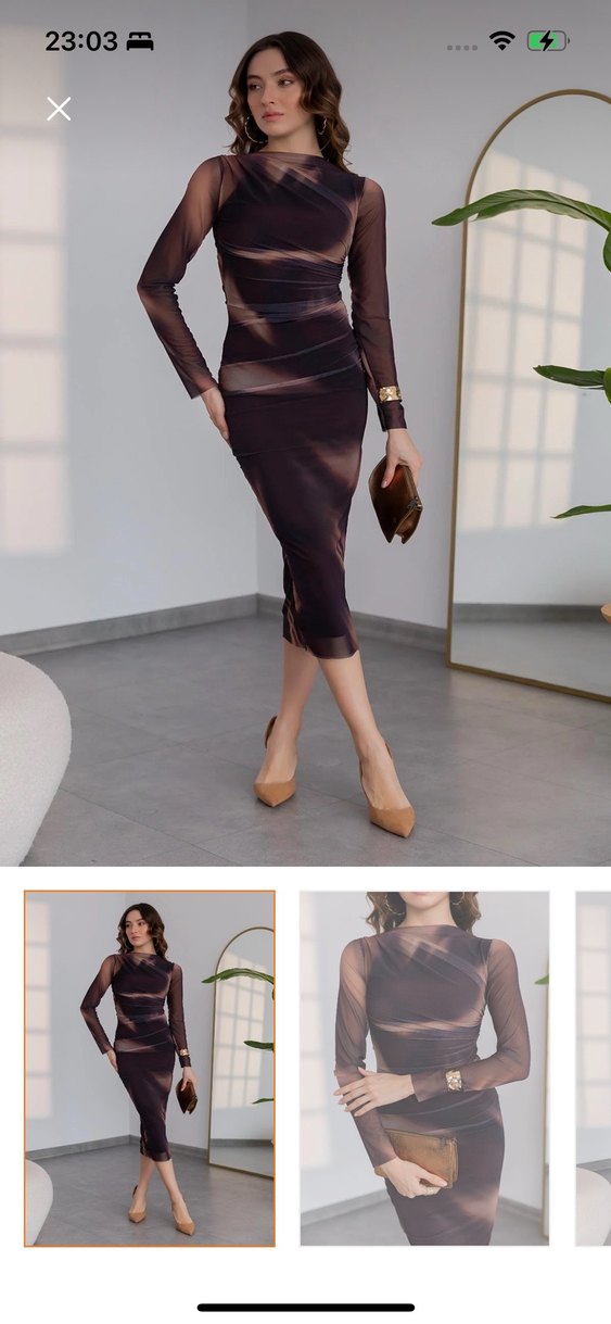 V Yaka Kahverengi Tüklü Midi Kadın Elbise - Görsel 2