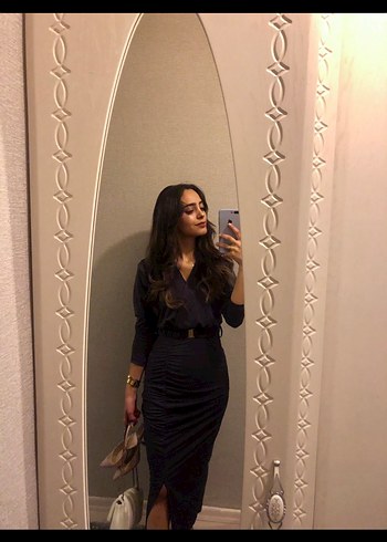 m Beden Gri Kemerli Uzun Elbise
