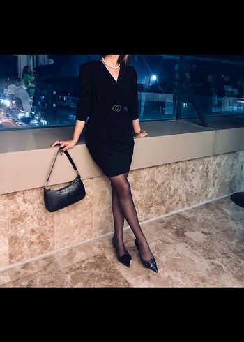 Uzun Kollu Kemerli Kadın Elbise - Görsel 3