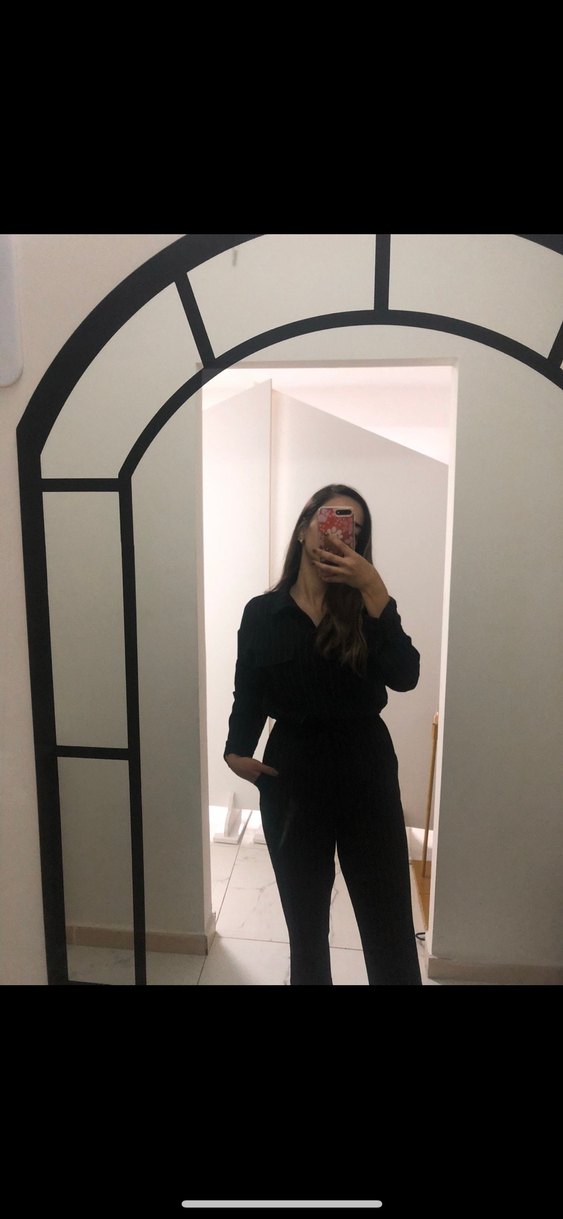 Düğmeli Gri Çizgili Kadın Tulum - Görsel 3