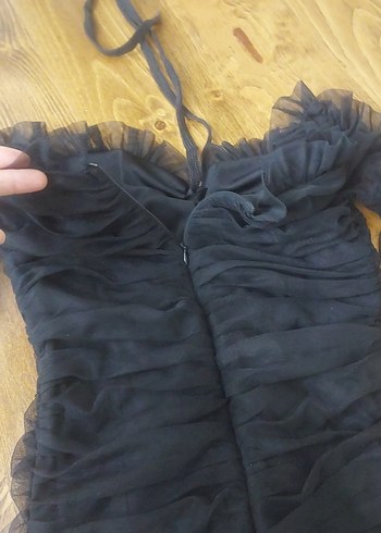 Drapeli Siyah Uzun Kollu Midi Kadın Elbise - Görsel 3