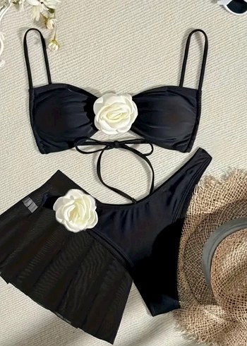 Siyah etekli Bikini Set Beyaz Çiçek Detaylı - Görsel 3