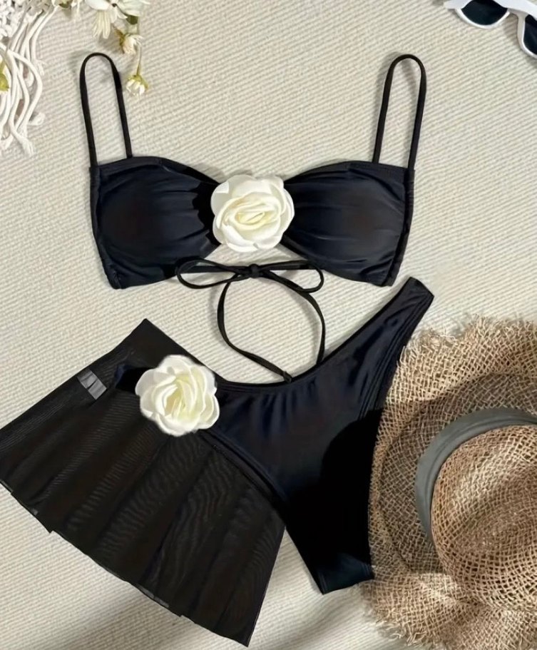 Siyah etekli Bikini Set Beyaz Çiçek Detaylı - Görsel 3