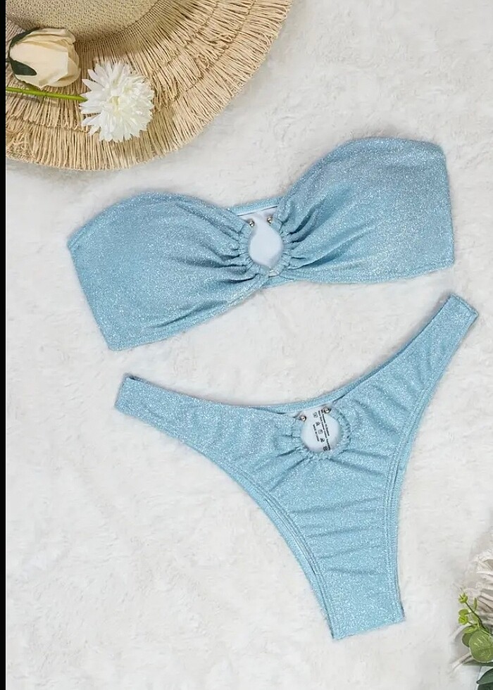 Mavi parlak simli özel tasarım bikini takımı - Görsel 2