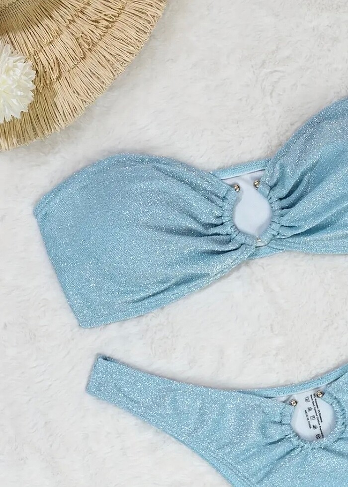 Mavi parlak simli özel tasarım bikini takımı - Görsel 3