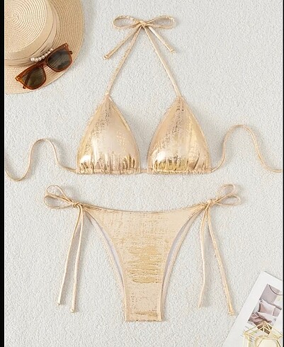 Gold detaylı parlak bikini takımı